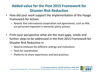 Added value for the Post 2015 Framework for 
5th International Disaster and Risk Conference IDRC 2014 
‘Integrative Risk Management - The role of science, technology & practice‘ • 24-28 August 2014 • Davos • Switzerland 
www.grforum.org 
Disaster Risk Reduction 
• How did your work support the implementation of the Hyogo 
Framework for Action: 
– Reveals that international cooperation and agreements, such as HFA, 
are perceived important in domestic policy process 
• From your perspective what are the main gaps, needs and 
further steps to be addressed in the Post 2015 Framework for 
Disaster Risk Reduction in 
– Need to embrace the different settings and institutions 
– Tools for coordination 
– Platforms to share experiences and best practices 
 