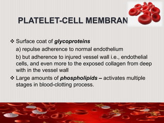 PLATELET-CELL MEMBRANE
 Surface coat of glycoproteins
a) repulse adherence to normal endothelium
b) but adherence to injured vessel wall i.e., endothelial
cells, and even more to the exposed collagen from deep
with in the vessel wall
 Large amounts of phospholipids – activates multiple
stages in blood-clotting process.
 