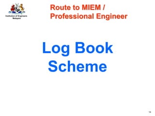 Institution of Engineers
Malaysia
14
Log Book
Scheme
Route to MIEM /
Professional Engineer
 