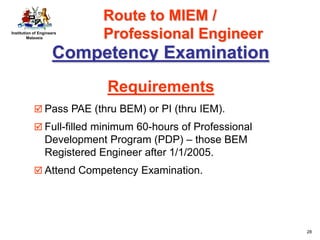 Institution of Engineers
Malaysia
28
Competency Examination
Requirements
 Pass PAE (thru BEM) or PI (thru IEM).
 Full-filled minimum 60-hours of Professional
Development Program (PDP) – those BEM
Registered Engineer after 1/1/2005.
 Attend Competency Examination.
Route to MIEM /
Professional Engineer
 