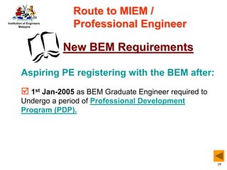 Institution of Engineers
Malaysia
29
New BEM Requirements
Aspiring PE registering with the BEM after:
 1st Jan-2005 as BEM Graduate Engineer required to
Undergo a period of Professional Development
Program (PDP).
Route to MIEM /
Professional Engineer
 