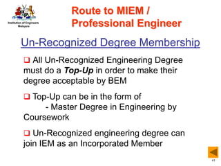 Institution of Engineers
Malaysia
41
Un-Recognized Degree Membership
Route to MIEM /
Professional Engineer
 All Un-Recognized Engineering Degree
must do a Top-Up in order to make their
degree acceptable by BEM
 Top-Up can be in the form of
- Master Degree in Engineering by
Coursework
 Un-Recognized engineering degree can
join IEM as an Incorporated Member
 
