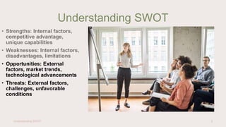 Understanding SWOT
Understanding SWOT 3
• Strengths: Internal factors,
competitive advantage,
unique capabilities
• Weaknesses: Internal factors,
disadvantages, limitations
• Opportunities: External
factors, market trends,
technological advancements
• Threats: External factors,
challenges, unfavorable
conditions
 