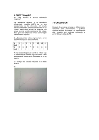 6 CUESTIONARIO
a.- ¿Qué     significa   el   termino    resistencia
negativa?

La resistencia negativa o la resistencia               7 CONCLUSION
diferenciada negativa (NDR) del es una
característica de los elementos del circuito
eléctrico integrados por ciertos materiales en los     Después de una larga jornada en el laboratorio,
cuales, sobre cierto voltaje se extienda, que          realizando este procedimiento y pudimos
actual es una función decreciente del voltaje.         aprender a medir la corriente y la intensidad de
Esta gama de voltajes se conoce como región            este proyecto con distintas resistencia y
de resistencia negativa.                               poniéndole un voltaje de 12v

b.- ¿Los siguientes valores representan a la ley
de ohm? Responda razonadamente.

V      1     2    3      4    5    3.5     4.5   6
Volt
I      1     3    5      7    9    11      13    15
mA

R: no representa porque cuando el voltaje baja
la intensidad de corriente sigue subiendo y eso
es totalmente distinto a los postulados de la ley
de ohm

c.- Grafique los valores indicados en la tabla
anterior.

R:
 