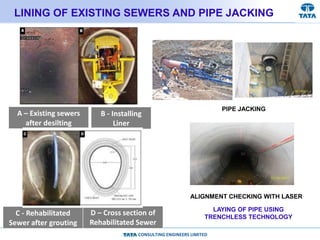 CONSULTING ENGINEERS LIMITED
LINING OF EXISTING SEWERS AND PIPE JACKING
A – Existing sewers
after desilting
B - Installing
Liner
C - Rehabilitated
Sewer after grouting
D – Cross section of
Rehabilitated Sewer
LAYING OF PIPE USING
TRENCHLESS TECHNOLOGY
ALIGNMENT CHECKING WITH LASER
PIPE JACKING
 