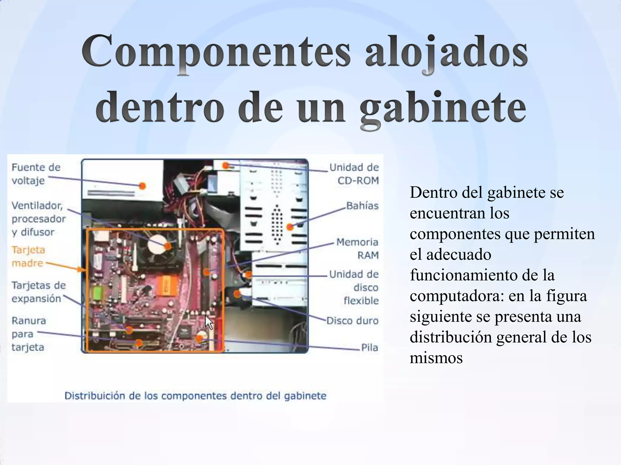 Dentro del gabinete se
encuentran los
componentes que permiten
el adecuado
funcionamiento de la
computadora: en la figura
siguiente se presenta una
distribución general de los
mismos
 