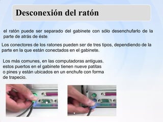 Desconexión del ratón
el ratón puede ser separado del gabinete con sólo desenchufarlo de la
parte de atrás de éste.
Los conectores de los ratones pueden ser de tres tipos, dependiendo de la
parte en la que están conectados en el gabinete.

Los más comunes, en las computadoras antiguas.
estos puertos en el gabinete tienen nueve patitas
o pines y están ubicados en un enchufe con forma
de trapecio.
 