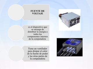 FUENTE DE
    VOLTAJE




 es el dispositivo que
     se encarga de
distribuir la energía a
       todos los
componentes internos
  de la computadora.



 Tiene un ventilador
para disipar el calor
de la fuente de poder
 y las otras partes de
   la computadora
 