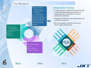 Our Business Back Main Next Independent Testing A wide spectrum of testing services that leverage a profound understanding and experience of testing applications and products in various domains & technologies.  Supported by efficient testing methodologies and an effective framework  Services designed to maximize value in our clients’ quality infrastructure. 