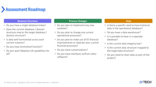 Assessment Roadmap
14 | May 26, 2022 | Copyright © 2022, JK Tech. All Rights Reserved. | Confidential
Business Structure Data
Process Changes
• Do you have a single database today?
• Does the current database / domain
structure map to the target database /
domain structure?
• Is data well harmonized across each
current instance?
• Do you have Centralised function?
• Do you want Adaptive UX capabilities for
all?
• Do you plan to implement any new
modules?
• Do you plan to change any current
operational processes?
• Do you plan to make use of EE financial
improvements or replicate your current
financial processes?
• Do you have customizations?
• Do you have interfaces to/from other
software?
• Is there a specific need to have historical
data in the operational database?
• Do you have a data warehouse?
• Is it possible to have in a separate
database?
• Is the current data integrity low?
• Is the current data structure mapped to
the target data structure?
• Do you need to clean data as part of the
project?
 