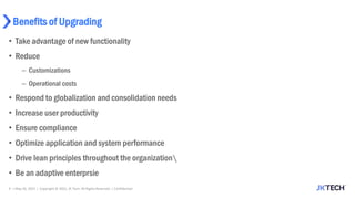 Benefits of Upgrading
• Take advantage of new functionality
• Reduce
─ Customizations
─ Operational costs
• Respond to globalization and consolidation needs
• Increase user productivity
• Ensure compliance
• Optimize application and system performance
• Drive lean principles throughout the organization
• Be an adaptive enterprsie
9 | May 26, 2022 | Copyright © 2022, JK Tech. All Rights Reserved. | Confidential
 