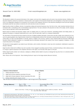 JK Tyre & Industries I 4QFY2010 Result Update



Research Team Tel: 4040 3800                                       E-mail: research@angeltrade.com                                       Website: www.angeltrade.com


DISCLAIMER

This document is solely for the personal information of the recipient, and must not be singularly used as the basis of any investment decision. Nothing in this
document should be construed as investment or financial advice. Each recipient of this document should make such investigations as they deem necessary to
arrive at an independent evaluation of an investment in the securities of the companies referred to in this document (including the merits and risks involved),
and should consult their own advisors to determine the merits and risks of such an investment.

Angel Securities Limited, its affiliates, directors, its proprietary trading and investment businesses may, from time to time, make investment decisions that are
inconsistent with or contradictory to the recommendations expressed herein. The views contained in this document are those of the analyst, and the company
may or may not subscribe to all the views expressed within.

Reports based on technical and derivative analysis center on studying charts of a stock's price movement, outstanding positions and trading volume, as
opposed to focusing on a company's fundamentals and, as such, may not match with a report on a company's fundamentals.

The information in this document has been printed on the basis of publicly available information, internal data and other reliable source believed to be true,
and is for general guidance only. Angel Securities Limited has not independently verified all the information contained within this document. Accordingly, we
cannot testify, nor make any representation or warranty, express or implied, to the accuracy, contents or data contained within this document. While Angel
Securities Limited endeavours to update on a reasonable basis the information discussed in this material, there may be regulatory, compliance, or other
reasons that prevent us from doing so.

This document is being supplied to you solely for your information, and its contents, information or data may not be reproduced, redistributed or passed on,
directly or indirectly.

Angel Securities Limited and its affiliates may seek to provide or have engaged in providing corporate finance, investment banking or other advisory services
in a merger or specific transaction to the companies referred to in this report, as on the date of this report or in the past.

Neither Angel Securities Limited, nor its directors, employees or affiliates shall be liable for any loss or damage that may arise from or in connection with the
use of this information.
Note: Please refer to the important `Stock Holding Disclosure' report on the Angel website (Research Section).




 Disclosure of Interest Statement                                                     JK Tyre & Industries
 1.    Analyst ownership of the stock                                                           No
 2.    Angel and its Group companies ownership of the stock                                     Yes
 3.    Angel and its Group companies’ Directors ownership of the stock                          No
 4. Broking relationship with company covered                                No
 Note: We have not considered any Exposure below Rs 1 lakh for Angel and its Group companies.




                                Address: Acme Plaza, ‘A’ Wing, 3rd Floor, M.V. Road, Opp. Sangam Cinema, Andheri (E), Mumbai - 400 059.
                                                                    Tel : (022) 3952 4568 / 4040 3800



    Angel Broking Ltd: BSE Sebi Regn No : INB 010996539 / CDSL Regn No: IN - DP - CDSL - 234 - 2004 / PMS Regn Code: PM/INP000001546 Angel Securities Ltd:BSE: INB010994639/INF010994639 NSE:
    INB230994635/INF230994635 Membership numbers: BSE 028/NSE:09946
    Angel Capital & Debt Market Ltd: INB 231279838 / NSE FNO: INF 231279838 / NSE Member code -12798 Angel Commodities Broking (P) Ltd: MCX Member ID: 12685 / FMC Regn No: MCX / TCM /
    CORP / 0037 NCDEX : Member ID 00220 / FMC Regn No: NCDEX / TCM / CORP / 0302




May 26, 2010                                                                                                                                                                                9
 