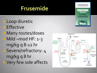  Loop diuretic
 Effective
 Many routes/doses
 Mild –mod HF: 1-3
mg/kg q 8-12 hr
 Severe/refractory: 4
mg/kg q 8 hr
 Very few side affects
 