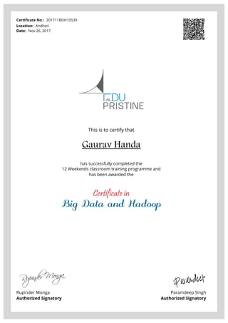 Certificate No.: 201711BDH10539
Location: Andheri
Date: Nov 26, 2017
This is to certify that
Gaurav Handa
has successfully completed the
12 Weekends classroom training programme and
has been awarded the
Certificate in
Big Data and Hadoop
Rupinder Monga
Authorized Signatory
Paramdeep Singh
Authorized Signatory
Powered by TCPDF (www.tcpdf.org)
 