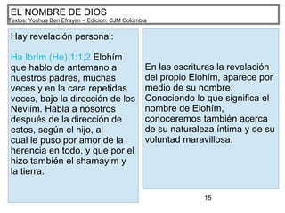 15
EL NOMBRE DE DIOS
Textos: Yoshua Ben Efrayim – Edicion: CJM Colombia
Hay revelación personal:
Ha Ibrím (He) 1:1,2 Elohím
que hablo de antemano a
nuestros padres, muchas
veces y en la cara repetidas
veces, bajo la dirección de los
Neviím. Habla a nosotros
después de la dirección de
estos, según el hijo, al
cual le puso por amor de la
herencia en todo, y que por el
hizo también el shamáyim y
la tierra.
En las escrituras la revelación
del propio Elohím, aparece por
medio de su nombre.
Conociendo lo que significa el
nombre de Elohím,
conoceremos también acerca
de su naturaleza íntima y de su
voluntad maravillosa.
 