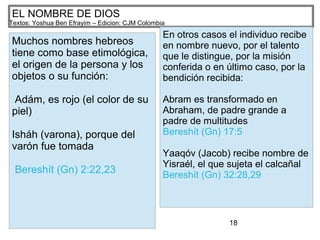 18
EL NOMBRE DE DIOS
Textos: Yoshua Ben Efrayim – Edicion: CJM Colombia
Muchos nombres hebreos
tiene como base etimológica,
el origen de la persona y los
objetos o su función:
Adám, es rojo (el color de su
piel)
Isháh (varona), porque del
varón fue tomada
Bereshít (Gn) 2:22,23
En otros casos el individuo recibe
en nombre nuevo, por el talento
que le distingue, por la misión
conferida o en último caso, por la
bendición recibida:
Abram es transformado en
Abraham, de padre grande a
padre de multitudes
Bereshít (Gn) 17:5
Yaaqóv (Jacob) recibe nombre de
Yisraél, el que sujeta el calcañal
Bereshít (Gn) 32:28,29
 