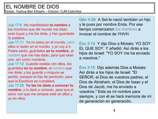 4
EL NOMBRE DE DIOS
Textos: Yoshua Ben Efrayim – Edicion: CJM Colombia
Jua 17:6 He manifestado tu nombre a
los hombres que del mundo me diste;
eran tuyos y me los diste, y han guardado
tu palabra.
Jua 17:11 Ya no estoy en el mundo, pero
ellos sí están en el mundo, y yo voy a ti.
Padre santo, guárdalos en tu nombre, el
nombre que me has dado, para que sean
uno, así como nosotros.
Jua 17:12 Cuando estaba con ellos, los
guardaba en tu nombre, el nombre que
me diste; y los guardé y ninguno se
perdió, excepto el hijo de perdición, para
que la Escritura se cumpliera.
Jua 17:26 Yo les he dado a conocer tu
nombre, y lo daré a conocer, para que el
amor con que me amaste esté en ellos y
yo en ellos.
Gén 4:26 A Set le nació también un hijo
y le puso por nombre Enós. Por ese
tiempo comenzaron los hombres a
invocar el nombre de YHVH.
Éxo 3:14 Y dijo Dios a Moisés: YO SOY
EL QUE SOY. Y añadió: Así dirás a los
hijos de Israel: "YO SOY me ha enviado
a vosotros."
Éxo 3:15 Dijo además Dios a Moisés:
Así dirás a los hijos de Israel: "El
SEÑOR, el Dios de vuestros padres, el
Dios de Abraham, el Dios de Isaac y el
Dios de Jacob, me ha enviado a
vosotros." Este es mi nombre para
siempre, y con él se hará memoria de mí
de generación en generación.
 