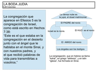LA BODA JUDIA
CJM Colombia
La congregación que
aparece en Efesios 5 es la
congregación de Israel,
como está escrito en Hechos
7:38:
“Este es el que estaba en la
congregación en el desierto
junto con el ángel que le
hablaba en el monte Sinai, y
con nuestros padres, y
el que recibió palabras de
vida para transmitirlas a
vosotros.”
Israel es la novia. El HIJO es el novio
El PADRE del novio
El AMIGO del novio
Los ángeles son los testigos
La densa nube es
la jupá, el dosel matrimonial.
La congregación, que en hebreo se llama
“kahal”, en griego “ekklesia”, y en latin
“iglesia”, fue formada en Sinai.
 