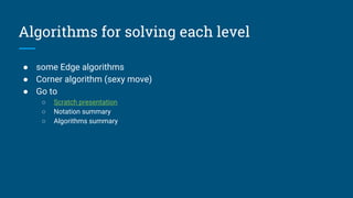 Algorithms for solving each level
● some Edge algorithms
● Corner algorithm (sexy move)
● Go to
○ Scratch presentation
○ Notation summary
○ Algorithms summary
 