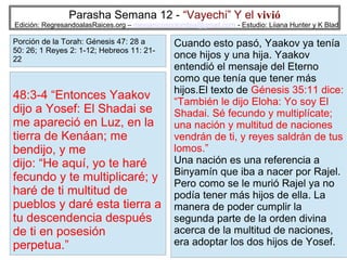 Parasha Semana 12 - “Vayechi” Y el vivió

Edición: RegresandoalasRaices.org – mesianicoscolombia@gmail.com - Estudio: Liiana Hunter y K Blad

Porción de la Torah: Génesis 47: 28 a
50: 26; 1 Reyes 2: 1-12; Hebreos 11: 2122

48:3-4 “Entonces Yaakov
dijo a Yosef: El Shadai se
me apareció en Luz, en la
tierra de Kenáan; me
bendijo, y me
dijo: “He aquí, yo te haré
fecundo y te multiplicaré; y
haré de ti multitud de
pueblos y daré esta tierra a
tu descendencia después
de ti en posesión
perpetua.”

Cuando esto pasó, Yaakov ya tenía
once hijos y una hija. Yaakov
entendió el mensaje del Eterno
como que tenía que tener más
hijos.El texto de Génesis 35:11 dice:
“También le dijo Eloha: Yo soy El
Shadai. Sé fecundo y multiplícate;
una nación y multitud de naciones
vendrán de ti, y reyes saldrán de tus
lomos.”
Una nación es una referencia a
Binyamín que iba a nacer por Rajel.
Pero como se le murió Rajel ya no
podía tener más hijos de ella. La
manera de poder cumplir la
segunda parte de la orden divina
acerca de la multitud de naciones,
10
era adoptar los dos hijos de Yosef.

 