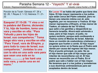 Parasha Semana 12 - “Vayechi” Y el vivió

Edición: RegresandoalasRaices.org – mesianicoscolombia@gmail.com - Estudio: Liiana Hunter y K Blad

Porción de la Torah: Génesis 47: 28 a
50: 26; 1 Reyes 2: 1-12; Hebreos 11: 2122

Ezequiel 37:15-28: “Y vino a mí
la palabra del Eterno, diciendo:
Y tú, hijo de hombre, toma una
vara y escribe en ella: “Para
Yehudá y para los hijos de
Israel, sus compañeros.” Toma
luego otra vara y escribe en ella:
“Para Yosef, vara de Efrayim, y
para toda la casa de Israel, sus
compañeros.” Júntalas la una
con la otra en una sola vara para
que sean una sola en tu
mano................y las haré una
sola vara, y serán una en mi
mano.”

En Lucas 15 se habla del padre que tiene dos
hijos. El hijo mayor representa a los judíos
que están cerca del Padre celestial, pero no
tienen una relación íntima con él, sólo
legalista, por no reconocer a Yeshúa. El hijo
menor representa a Efrayim, el hijo menor de
Yaakov, el cabeza de las 10 tribus,
que salió a los gentiles y desperdició su
herencia israelita. Ahora está volviendo a
casa, pero el hijo mayor, el judío, no
quiere recibirlo, porque está confesando a
Yeshúa como el Mesías de Israel. Además
tiene un montón de costumbres cristianas y
paganas que huelen a cerdo. El hijo mayor
no quiere entrar en la fiesta que el Padre está
dando por causa del regreso del hijo menor.
Pero el punto principal, es este: No es
el hijo menor que sale al hijo mayor para
intentar de reconciliarse con él. El hijo
menor se reconcilia con el Padre. Es el
padre que sale a hablar con el hijo mayor.
No tenemos que ir a los judíos y someternos
a sus doctrinas antimesiánicas para ser
25
aceptados dentro de Israel.

 