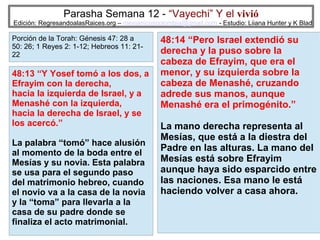 Parasha Semana 12 - “Vayechi” Y el vivió

Edición: RegresandoalasRaices.org – mesianicoscolombia@gmail.com - Estudio: Liiana Hunter y K Blad

Porción de la Torah: Génesis 47: 28 a
50: 26; 1 Reyes 2: 1-12; Hebreos 11: 2122

48:13 “Y Yosef tomó a los dos, a
Efrayim con la derecha,
hacia la izquierda de Israel, y a
Menashé con la izquierda,
hacia la derecha de Israel, y se
los acercó.”
La palabra “tomó” hace alusión
al momento de la boda entre el
Mesías y su novia. Esta palabra
se usa para el segundo paso
del matrimonio hebreo, cuando
el novio va a la casa de la novia
y la “toma” para llevarla a la
casa de su padre donde se
finaliza el acto matrimonial.

48:14 “Pero Israel extendió su
derecha y la puso sobre la
cabeza de Efrayim, que era el
menor, y su izquierda sobre la
cabeza de Menashé, cruzando
adrede sus manos, aunque
Menashé era el primogénito.”
La mano derecha representa al
Mesías, que está a la diestra del
Padre en las alturas. La mano del
Mesías está sobre Efrayim
aunque haya sido esparcido entre
las naciones. Esa mano le está
haciendo volver a casa ahora.
32

 