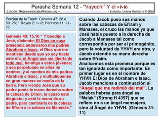 Parasha Semana 12 - “Vayechi” Y el vivió

Edición: RegresandoalasRaices.org – mesianicoscolombia@gmail.com - Estudio: Liiana Hunter y K Blad

Porción de la Torah: Génesis 47: 28 a
50: 26; 1 Reyes 2: 1-12; Hebreos 11: 2122

Génesis 48: 15,16 “ Y bendijo a
José, diciendo: El Dios en cuya
presencia anduvieron mis padres
Abraham e Isaac, el Dios que me
mantiene desde que yo soy hasta
este día, el Ángel que me liberta de
todo mal, bendiga a estos jóvenes;
y sea perpetuado en ellos mi
nombre, y el nombre de mis padres
Abraham e Isaac, y multiplíquense
en gran manera en medio de la
tierra. Pero viendo José que su
padre ponía la mano derecha sobre
la cabeza de Efraín, le causó esto
disgusto; y asió la mano de su
padre, para cambiarla de la cabeza
de Efraín a la cabeza de Manasés.”

Cuando Jacob puso sus manos
sobre las cabezas de Efraim y
Manases, el cruzo las manos ya que
José había puesto a la derecha de
Jacob a Manases tal como
correspondía por ser el primogénito,
pero la voluntad de YHVH era otra, y
Jacob extendió su mano derecha
sobre Efraim.
Analicemos esta promesa porque es
tan ignorada como importante: En
primer lugar es en el nombre de
YHVH El Dios de Abraham e Isaac.
Jacob menciona a continuación al
“Ángel que me redimió del mal”. La
palabra hebrea para ángel es
“Malak” (Strong H 4397) que se
refiere no a un ángel mensajero,
sino al Ángel de YHVH. (Génesis 31:
33
11)

 
