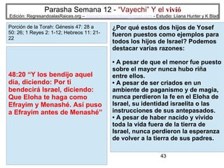Parasha Semana 12 - “Vayechi” Y el vivió

Edición: RegresandoalasRaices.org – mesianicoscolombia@gmail.com - Estudio: Liiana Hunter y K Blad

Porción de la Torah: Génesis 47: 28 a
50: 26; 1 Reyes 2: 1-12; Hebreos 11: 2122

48:20 “Y los bendijo aquel
día, diciendo: Por ti
bendecirá Israel, diciendo:
Que Eloha te haga como
Efrayim y Menashé. Así puso
a Efrayim antes de Menashé”

¿Por qué estos dos hijos de Yosef
fueron puestos como ejemplos para
todos los hijos de Israel? Podemos
destacar varias razones:
• A pesar de que el menor fue puesto
sobre el mayor nunca hubo riña
entre ellos.
• A pesar de ser criados en un
ambiente de paganismo y de magia,
nunca perdieron la fe en el Eloha de
Israel, su identidad israelita o las
instrucciones de sus antepasados.
• A pesar de haber nacido y vivido
toda la vida fuera de la tierra de
Israel, nunca perdieron la esperanza
de volver a la tierra de sus padres.
43

 