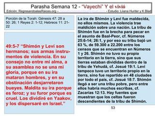 Parasha Semana 12 - “Vayechi” Y el vivió

Edición: RegresandoalasRaices.org – mesianicoscolombia@gmail.com - Estudio: Liiana Hunter y K Blad

Porción de la Torah: Génesis 47: 28 a
50: 26; 1 Reyes 2: 1-12; Hebreos 11: 2122

49:5-7 “Shimón y Leví son
hermanos; sus armas instrumentos de violencia. En su
consejo no entre mi alma, a
su asamblea no se una mi
gloria, porque en su ira
mataron hombres, y en su
obstinación desjarretaron
bueyes. Maldita su ira porque
es feroz; y su furor porque es
cruel. Los dividiré en Yaakov,
y los dispersaré en Israel.”

La ira de Shimón y Leví fue maldecida,
no ellos mismos. La violencia trae
maldición sobre una nación. La tribu de
Shimón fue en la brecha para pecar en
el asunto de Baal-Peor, cf. Números
25:6-14; 26:1, y por eso su tribu bajó un
63 %, de 59.300 a 22.200 entre los
censos que se encuentran en Números
1 y 26. Shimón no tuvo su propio
territorio en la tierra, sino que sus
tierras estaban divididas dentro de la
tribu de Yehudá, cf. Josué 19:1. Leví
tampoco tuvo un territorio propio en la
tierra, sino fue repartido en 48 ciudades
por todo el país, cf. Josué 18:7. Shimón
llegó a ser una tribu pobre, pero entre
ellos habría muchos escribas, cf.
Zacarías 12:13. Hay fuentes que
muestran que los celtas fueron
descendientes de la tribu de Shimón.
53

 