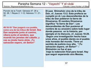 Parasha Semana 12 - “Vayechi” Y el vivió

Edición: RegresandoalasRaices.org – mesianicoscolombia@gmail.com - Estudio: Liiana Hunter y K Blad

Porción de la Torah: Génesis 47: 28 a
50: 26; 1 Reyes 2: 1-12; Hebreos 11: 2122

49:16-18 “Dan juzgará a su pueblo,
como una de las tribus de Israel. Sea

Dan serpiente junto al camino,
víbora junto al sendero, que
muerde los jarretes del caballo, y
cae su jinete hacia atrás. ¡Tu
salvación espero, oh Señor!”

El juez Shimshón vino de la tribu de
Dan, cf. Jueces 13:2. Esta profecía se
cumplió en él. Los descendientes de la
tribu de Dan poblaron la tierra de
Dinamarca. El nombre Dinamarca
significa “la tierra de Dan”. Los
descendientes de Dan pusieron el
nombre de su ancestro sobre todo lugar
donde pasaron en la historia, por
ejemplo el río Danuvio, cf. Jueces 18:29.
Según una investigación hecha hace
unos años, el pueblo danés es el pueblo
más honesto del mundo. Tiene un
sentido de justicia muy alto. “¡Tu
salvación espero, oh Señor!” –
Shimshón no fue el que
trajo la redención final para Israel. Hay
que seguir esperando otro Mesías.

57

 
