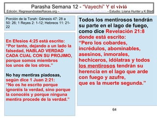 Parasha Semana 12 - “Vayechi” Y el vivió

Edición: RegresandoalasRaices.org – mesianicoscolombia@gmail.com - Estudio: Liiana Hunter y K Blad

Porción de la Torah: Génesis 47: 28 a
50: 26; 1 Reyes 2: 1-12; Hebreos 11: 2122

En Efesios 4:25 está escrito:
“Por tanto, dejando a un lado la
falsedad, HABLAD VERDAD
CADA CUAL CON SU PROJIMO,
porque somos miembros
los unos de los otros.”
No hay mentiras piadosas,
según dice 1 Juan 2:21:
“No os he escrito porque
ignoréis la verdad, sino porque
la conocéis y porque ninguna
mentira procede de la verdad.”

Todos los mentirosos tendrán
su parte en el lago de fuego,
como dice Revelación 21:8
donde está escrito:
“Pero los cobardes,
incrédulos, abominables,
asesinos, inmorales,
hechiceros, idólatras y todos
los mentirosos tendrán su
herencia en el lago que arde
con fuego y azufre,
que es la muerte segunda.”

64

 