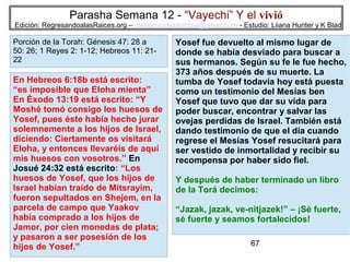 Parasha Semana 12 - “Vayechi” Y el vivió

Edición: RegresandoalasRaices.org – mesianicoscolombia@gmail.com - Estudio: Liiana Hunter y K Blad

Porción de la Torah: Génesis 47: 28 a
50: 26; 1 Reyes 2: 1-12; Hebreos 11: 2122

En Hebreos 6:18b está escrito:
“es imposible que Eloha mienta”
En Éxodo 13:19 está escrito: “Y
Moshé tomó consigo los huesos de
Yosef, pues éste había hecho jurar
solemnemente a los hijos de Israel,
diciendo: Ciertamente os visitará
Eloha, y entonces llevaréis de aquí
mis huesos con vosotros.” En
Josué 24:32 está escrito: “Los
huesos de Yosef, que los hijos de
Israel habían traído de Mitsrayim,
fueron sepultados en Shejem, en la
parcela de campo que Yaakov
había comprado a los hijos de
Jamor, por cien monedas de plata;
y pasaron a ser posesión de los
hijos de Yosef.”

Yosef fue devuelto al mismo lugar de
donde se había desviado para buscar a
sus hermanos. Según su fe le fue hecho,
373 años después de su muerte. La
tumba de Yosef todavía hoy está puesta
como un testimonio del Mesías ben
Yosef que tuvo que dar su vida para
poder buscar, encontrar y salvar las
ovejas perdidas de Israel. También está
dando testimonio de que el día cuando
regrese el Mesías Yosef resucitará para
ser vestido de inmortalidad y recibir su
recompensa por haber sido fiel.
Y después de haber terminado un libro
de la Torá decimos:
“Jazak, jazak, ve-nitjazek!” – ¡Sé fuerte,
sé fuerte y seamos fortalecidos!
67

 