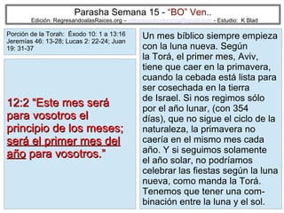 Parasha Semana 15 - “BO” Ven..

Edición: RegresandoalasRaices.org – mesianicoscolombia@gmail.com - Estudio: K Blad

Porción de la Torah: Éxodo 10: 1 a 13:16
Jeremías 46: 13-28; Lucas 2: 22-24; Juan
19: 31-37

12:2 “Este mes será
para vosotros el
principio de los meses;
será el primer mes del
año para vosotros.”

Un mes bíblico siempre empieza
con la luna nueva. Según
la Torá, el primer mes, Aviv,
tiene que caer en la primavera,
cuando la cebada está lista para
ser cosechada en la tierra
de Israel. Si nos regimos sólo
por el año lunar, (con 354
días), que no sigue el ciclo de la
naturaleza, la primavera no
caería en el mismo mes cada
año. Y si seguimos solamente
el año solar, no podríamos
celebrar las fiestas según la luna
nueva, como manda la Torá.
Tenemos que tener una com19
binación entre la luna y el sol.

 