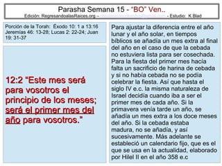 Parasha Semana 15 - “BO” Ven..

Edición: RegresandoalasRaices.org – mesianicoscolombia@gmail.com - Estudio: K Blad

Porción de la Torah: Éxodo 10: 1 a 13:16
Jeremías 46: 13-28; Lucas 2: 22-24; Juan
19: 31-37

12:2 “Este mes será
para vosotros el
principio de los meses;
será el primer mes del
año para vosotros.”

Para ajustar la diferencia entre el año
lunar y el año solar, en tiempos
bíblicos se añadía un mes extra al final
del año en el caso de que la cebada
no estuviera lista para ser cosechada.
Para la fiesta del primer mes hacía
falta un sacrificio de harina de cebada
y si no había cebada no se podía
celebrar la fiesta. Así que hasta el
siglo IV e.c. la misma naturaleza de
Israel decidía cuando iba a ser el
primer mes de cada año. Si la
primavera venía tarde un año, se
añadía un mes extra a los doce meses
del año. Si la cebada estaba
madura, no se añadía, y así
sucesivamente. Más adelante se
estableció un calendario fijo, que es el
que se usa en la actualidad, elaborado
20
por Hilel II en el año 358 e.c

 