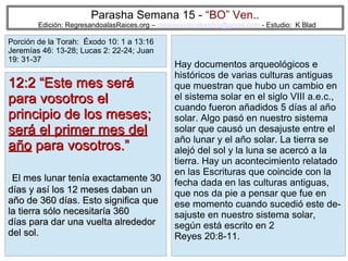 Parasha Semana 15 - “BO” Ven..

Edición: RegresandoalasRaices.org – mesianicoscolombia@gmail.com - Estudio: K Blad

Porción de la Torah: Éxodo 10: 1 a 13:16
Jeremías 46: 13-28; Lucas 2: 22-24; Juan
19: 31-37

12:2 “Este mes será
para vosotros el
principio de los meses;
será el primer mes del
año para vosotros.”
El mes lunar tenía exactamente 30
días y así los 12 meses daban un
año de 360 días. Esto significa que
la tierra sólo necesitaría 360
días para dar una vuelta alrededor
del sol.

Hay documentos arqueológicos e
históricos de varias culturas antiguas
que muestran que hubo un cambio en
el sistema solar en el siglo VIII a.e.c.,
cuando fueron añadidos 5 días al año
solar. Algo pasó en nuestro sistema
solar que causó un desajuste entre el
año lunar y el año solar. La tierra se
alejó del sol y la luna se acercó a la
tierra. Hay un acontecimiento relatado
en las Escrituras que coincide con la
fecha dada en las culturas antiguas,
que nos da pie a pensar que fue en
ese momento cuando sucedió este desajuste en nuestro sistema solar,
según está escrito en 2
Reyes 20:8-11.
22

 