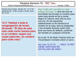 Parasha Semana 15 - “BO” Ven..

Edición: RegresandoalasRaices.org – mesianicoscolombia@gmail.com - Estudio: K Blad

Porción de la Torah: Éxodo 10: 1 a 13:16
Jeremías 46: 13-28; Lucas 2: 22-24; Juan
19: 31-37

12:3 “Hablad a toda la
congregación de Israel,
diciendo: “El diez de este
mes cada varón tomará para
sí un cordero, según sus
casas paternas; un cordero
para cada casa.”

Aquí “cada uno” se refiere a cada
cabeza de hogar. El diez del mes de
Aviv/Nisán fue tomado un cordero para
cada casa donde se iba a comer.
Según el Talmud, esto sólo se hizo
una vez. En las siguientes
celebraciones no se introducía el
cordero en la casa, sólo se designaba
y fue revisado durante cuatro días
para que fuera sin defecto, pudiendo
ser tomado en cualquier momento.
En el día 10 de Nisán Yeshúa entró en
Yerushalayim montado sobre un asno.
Ver Juan 12:12-15 …...”AQUÍ, TU REY
VIENE, MONTADO EN
UN POLLINO DE ASNA.”
25

 