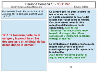 Parasha Semana 15 - “BO” Ven..

Edición: RegresandoalasRaices.org – mesianicoscolombia@gmail.com - Estudio: K Blad

Porción de la Torah: Éxodo 10: 1 a 13:16
Jeremías 46: 13-28; Lucas 2: 22-24; Juan
19: 31-37

12:7 “Y tomarán parte de la
sangre y la pondrán en los
dos postes y en el dintel de las
casas donde lo coman.”

La sangre que fue puesta sobre las
maderas en las casas
en Egipto anunciaba la muerte del
Mesías ben Yosef sobre el madero.
Con esto vemos como la obra
redentora del Mesías se había
consumado. Juan 19:30:
“Entonces Yeshúa, cuando hubo
tomado el vinagre, dijo: ¡Consumado es! E inclinando la cabeza,
entregó el espíritu.”
La simbología en Egipto enseña que la
muerte del Cordero de Elohim
constituye una puerta. Es la puerta de
la redención.
Juan 10:9a: “Yo soy la puerta; si
alguno entra por mí, será salvo”

45

 
