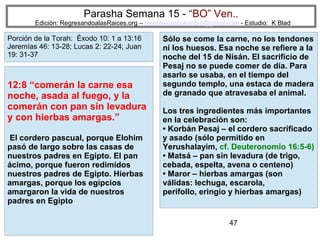 Parasha Semana 15 - “BO” Ven..

Edición: RegresandoalasRaices.org – mesianicoscolombia@gmail.com - Estudio: K Blad

Porción de la Torah: Éxodo 10: 1 a 13:16
Jeremías 46: 13-28; Lucas 2: 22-24; Juan
19: 31-37

12:8 “comerán la carne esa
noche, asada al fuego, y la
comerán con pan sin levadura
y con hierbas amargas.”
El cordero pascual, porque Elohim
pasó de largo sobre las casas de
nuestros padres en Egipto. El pan
ácimo, porque fueron redimidos
nuestros padres de Egipto. Hierbas
amargas, porque los egipcios
amargaron la vida de nuestros
padres en Egipto

Sólo se come la carne, no los tendones
ni los huesos. Esa noche se refiere a la
noche del 15 de Nisán. El sacrificio de
Pesaj no se puede comer de día. Para
asarlo se usaba, en el tiempo del
segundo templo, una estaca de madera
de granado que atravesaba el animal.
Los tres ingredientes más importantes
en la celebración son:
• Korbán Pesaj – el cordero sacrificado
y asado (sólo permitido en
Yerushalayim, cf. Deuteronomio 16:5-6)
• Matsá – pan sin levadura (de trigo,
cebada, espelta, avena o centeno)
• Maror – hierbas amargas (son
válidas: lechuga, escarola,
perifollo, eringio y hierbas amargas)

47

 