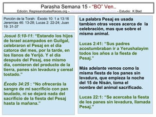 Parasha Semana 15 - “BO” Ven..

Edición: RegresandoalasRaices.org – mesianicoscolombia@gmail.com - Estudio: K Blad

Porción de la Torah: Éxodo 10: 1 a 13:16
Jeremías 46: 13-28; Lucas 2: 22-24; Juan
19: 31-37

Josué 5:10-11: “Estando los hijos
de Israel acampados en Guilgal,
celebraron el Pesaj en el día
catorce del mes, por la tarde, en
los llanos de Yerijó. Y el día
después del Pesaj, ese mismo
día, comieron del producto de la
tierra, panes sin levadura y cereal
tostado.”
Éxodo 34:25 : “No ofrecerás la
sangre de mi sacrificio con pan
leudado, ni se dejará nada del
sacrificio de la fiesta del Pesaj
hasta la mañana.”

La palabra Pesaj es usada
tambien otras veces acerca de la
celebración, mas que sobre el
mismo animal.
Lucas 2:41: “Sus padres
acostumbraban ir a Yerushalayim
todos los años a la fiesta de
Pesaj.”
Más adelante vemos como la
misma fiesta de los panes sin
levadura, que empieza la noche
del 15 de Nisán, toma el
nombre del animal sacrificado.
Lucas 22:1: “Se acercaba la fiesta
de los panes sin levadura, llamada
Pesaj.”
53

 
