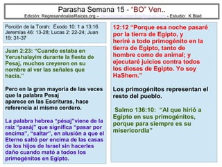 Parasha Semana 15 - “BO” Ven..

Edición: RegresandoalasRaices.org – mesianicoscolombia@gmail.com - Estudio: K Blad

Porción de la Torah: Éxodo 10: 1 a 13:16
Jeremías 46: 13-28; Lucas 2: 22-24; Juan
19: 31-37

Juan 2:23: “Cuando estaba en
Yerushalayim durante la fiesta de
Pesaj, muchos creyeron en su
nombre al ver las señales que
hacía.”
Pero en la gran mayoría de las veces
que la palabra Pesaj
aparece en las Escrituras, hace
referencia al mismo cordero.
La palabra hebrea “pésaj”viene de la
raíz “pasáj” que significa “pasar por
encima”, “saltar”, en alusión a que el
Eterno saltó por encima de las casas
de los hijos de Israel sin hacerles
daño cuando mató a todos los
primogénitos en Egipto.

12:12 “Porque esa noche pasaré
por la tierra de Egipto, y
heriré a todo primogénito en la
tierra de Egipto, tanto de
hombre como de animal; y
ejecutaré juicios contra todos
los dioses de Egipto. Yo soy
HaShem.”
Los primogénitos representan el
resto del pueblo.
Salmo 136:10: “Al que hirió a
Egipto en sus primogénitos,
porque para siempre es su
misericordia”

54

 