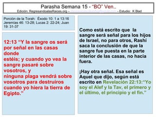 Parasha Semana 15 - “BO” Ven..

Edición: RegresandoalasRaices.org – mesianicoscolombia@gmail.com - Estudio: K Blad

Porción de la Torah: Éxodo 10: 1 a 13:16
Jeremías 46: 13-28; Lucas 2: 22-24; Juan
19: 31-37

12:13 “Y la sangre os será
por señal en las casas
donde
estéis; y cuando yo vea la
sangre pasaré sobre
vosotros, y
ninguna plaga vendrá sobre
vosotros para destruiros
cuando yo hiera la tierra de
Egipto.”

Como está escrito que la
sangre será señal para los hijos
de Israel, no para otros, Rashí
saca la conclusión de que la
sangre fue puesta en la parte
interior de las casas, no hacia
fuera.
¡Hay otra señal. Esa señal es
Aquel que dijo, según está
escrito en Revelación 22:13:“Yo
soy el Alef y la Tav, el primero y
el último, el principio y el fin.”
55

 