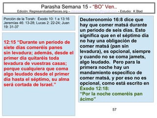 Parasha Semana 15 - “BO” Ven..

Edición: RegresandoalasRaices.org – mesianicoscolombia@gmail.com - Estudio: K Blad

Porción de la Torah: Éxodo 10: 1 a 13:16
Jeremías 46: 13-28; Lucas 2: 22-24; Juan
19: 31-37

12:15 “Durante un periodo de
siete días comeréis panes
sin levadura; además, desde el
primer día quitaréis toda
levadura de vuestras casas;
porque cualquiera que coma
algo leudado desde el primer
día hasta el séptimo, su alma
será cortada de Israel.”

Deuteronomio 16:8 dice que
hay que comer matsá durante
un periodo de seis días. Esto
significa que en el séptimo día
no hay una obligación de
comer matsá (pan sin
levadura), es opcional, siempre
y cuando no se coma jamets,
algo leudado. Pero para la
primera noche hay un
mandamiento específico de
comer matsá, y por eso no es
opcional, como está escrito en
Éxodo 12:18:
“Por la noche comeréis pan
ácimo”
57

 