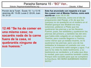 Parasha Semana 15 - “BO” Ven..

Edición: RegresandoalasRaices.org – mesianicoscolombia@gmail.com - Estudio: K Blad

Porción de la Torah: Éxodo 10: 1 a 13:16
Jeremías 46: 13-28; Lucas 2: 22-24; Juan
19: 31-37

12:46 “Se ha de comer en
una misma casa; no
sacaréis nada de la carne
fuera de la casa, ni
quebraréis ninguno de
sus huesos.”

Esto fue anunciado con respecto a lo que
iba a pasar con el Mesías Yeshúa, como está
escrito en Juan 19:31-36:
“Los judíos entonces, como era el día de
preparación (del Pesaj), a fin de que los
cuerpos no se quedaran en el madero en el
Shabat (porque ese Shabat era muy
solemne), pidieron a Pilato que les
quebraran las piernas y se los llevaran.
Fueron, pues, los soldados y quebraron las
piernas del primero, y también las del otro
que había sido colgado en un madero con
Yeshúa; pero cuando llegaron a Yeshúa,
como vieron que ya estaba muerto, no le
quebraron las piernas; pero uno de los
soldados le traspasó el costado con una
lanza, y al momento salió sangre y agua. Y el
que lo ha visto ha dado testimonio, y su
testimonio es verdadero; y él sabe que dice
la verdad, para que vosotros también creáis.
Porque esto sucedió para que se cumpliera
la Escritura: NO SERÁ QUEBRADO HUESO
SUYO.”
69

 