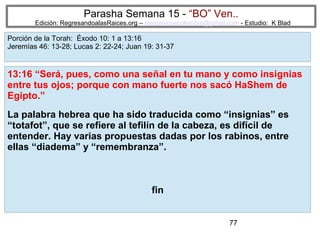 Parasha Semana 15 - “BO” Ven..

Edición: RegresandoalasRaices.org – mesianicoscolombia@gmail.com - Estudio: K Blad

Porción de la Torah: Éxodo 10: 1 a 13:16
Jeremías 46: 13-28; Lucas 2: 22-24; Juan 19: 31-37

13:16 “Será, pues, como una señal en tu mano y como insignias
entre tus ojos; porque con mano fuerte nos sacó HaShem de
Egipto.”
La palabra hebrea que ha sido traducida como “insignias” es
“totafot”, que se refiere al tefilín de la cabeza, es difícil de
entender. Hay varias propuestas dadas por los rabinos, entre
ellas “diadema” y “remembranza”.

fin
77

 