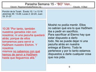 Parasha Semana 15 - “BO” Ven..

Edición: RegresandoalasRaices.org – mesianicoscolombia@gmail.com - Estudio: K Blad

Porción de la Torah: Éxodo 10: 1 a 13:16
Jeremías 46: 13-28; Lucas 2: 22-24; Juan
19: 31-37

10:26 “Por tanto, también
nuestros ganados irán con
nosotros; ni una pezuña quedará
atrás; porque de ellos
tomaremos para servir a
HaShem nuestro Elohim. Y
nosotros
mismos no sabemos con qué
hemos de servir a HaShem
hasta que lleguemos allá.”

Moshé no podía mentir. Ellos
no sabían qué era lo que HaShem
iba a pedir en sacrificio.
Para sacrificar al Eterno hay que
estar dispuesto a darlo
todo. No se puede dejar ni una
pezuña atrás en nuestra
entrega al Eterno. Todo le
pertenece y por lo tanto estamos
dispuestos a darle cualquier cosa
que nos pida.
9

 