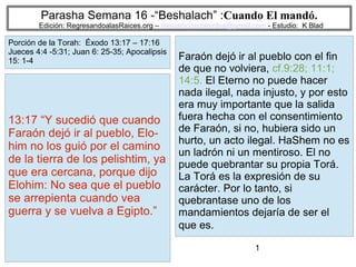 Parasha Semana 16 -“Beshalach” :Cuando El mandó.

Edición: RegresandoalasRaices.org – mesianicoscolombia@gmail.com - Estudio: K Blad

Porción de la Torah: Éxodo 13:17 – 17:16
Jueces 4:4 -5:31; Juan 6: 25-35; Apocalipsis
15: 1-4

13:17 “Y sucedió que cuando
Faraón dejó ir al pueblo, Elohim no los guió por el camino
de la tierra de los pelishtim, ya
que era cercana, porque dijo
Elohim: No sea que el pueblo
se arrepienta cuando vea
guerra y se vuelva a Egipto.”

Faraón dejó ir al pueblo con el fin
de que no volviera, cf.9:28; 11:1;
14:5. El Eterno no puede hacer
nada ilegal, nada injusto, y por esto
era muy importante que la salida
fuera hecha con el consentimiento
de Faraón, si no, hubiera sido un
hurto, un acto ilegal. HaShem no es
un ladrón ni un mentiroso. El no
puede quebrantar su propia Torá.
La Torá es la expresión de su
carácter. Por lo tanto, si
quebrantase uno de los
mandamientos dejaría de ser el
que es.
1

 