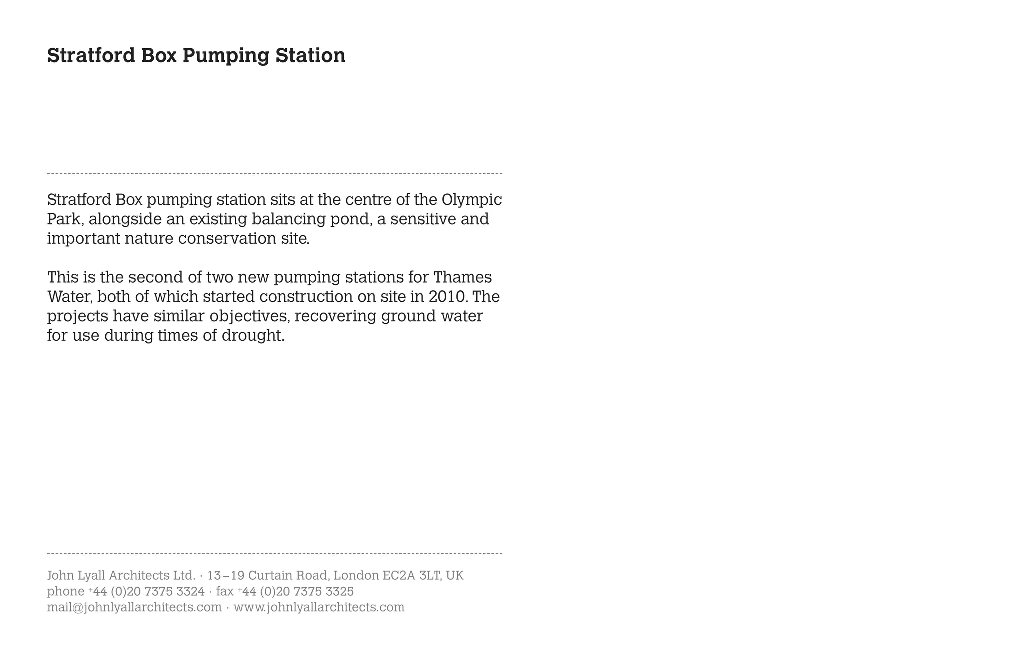 Stratford Box Pumping Station




Stratford Box pumping station sits at the centre of the Olympic
Park, alongside an existing balancing pond, a sensitive and
important nature conservation site.

This is the second of two new pumping stations for Thames
Water, both of which started construction on site in 2010. The
projects have similar objectives, recovering ground water
for use during times of drought.




John Lyall Architects Ltd. · 13 – 19 Curtain Road, London EC2A 3LT, UK
phone +44 (0)20 7375 3324 · fax +44 (0)20 7375 3325
mail@johnlyallarchitects.com · www.johnlyallarchitects.com
 