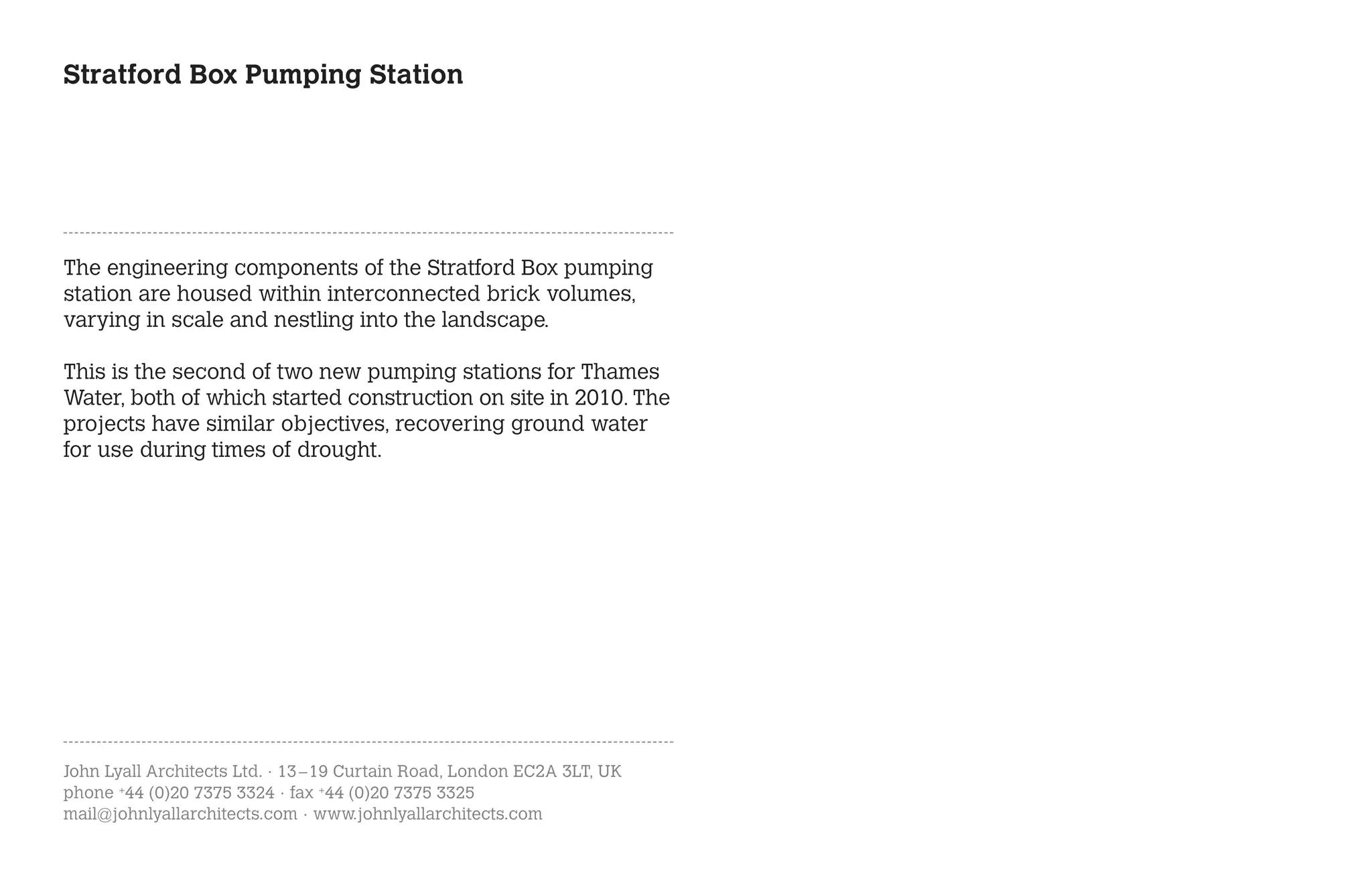 Stratford Box Pumping Station




The engineering components of the Stratford Box pumping
station are housed within interconnected brick volumes,
varying in scale and nestling into the landscape.

This is the second of two new pumping stations for Thames
Water, both of which started construction on site in 2010. The
projects have similar objectives, recovering ground water
for use during times of drought.




John Lyall Architects Ltd. · 13 – 19 Curtain Road, London EC2A 3LT, UK
phone +44 (0)20 7375 3324 · fax +44 (0)20 7375 3325
mail@johnlyallarchitects.com · www.johnlyallarchitects.com
 