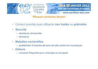 “Risques sanitaires directs”


• Contact possible avec effluents non traités ou prétraités
• Sécurité
   – résistance structurelle
   – fermeture

• Maladies vectorielles
   – prolifération d’insectes et zone de lutte contre les moustiques
• Odeurs
   – nuisance fréquente pour voisinage ou occupant
 