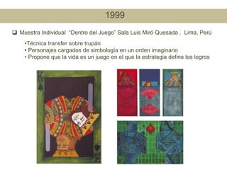 1998Mención de Honor. Salón Regional Lima. Primera Bienal Nacional de Lima,   Perú.Regresa al tema de la violencia en la ciudad con un lenguaje cercano al pop, imágenes de afiches de tiro al blanco y siluetas de cadáveres después del crimen.